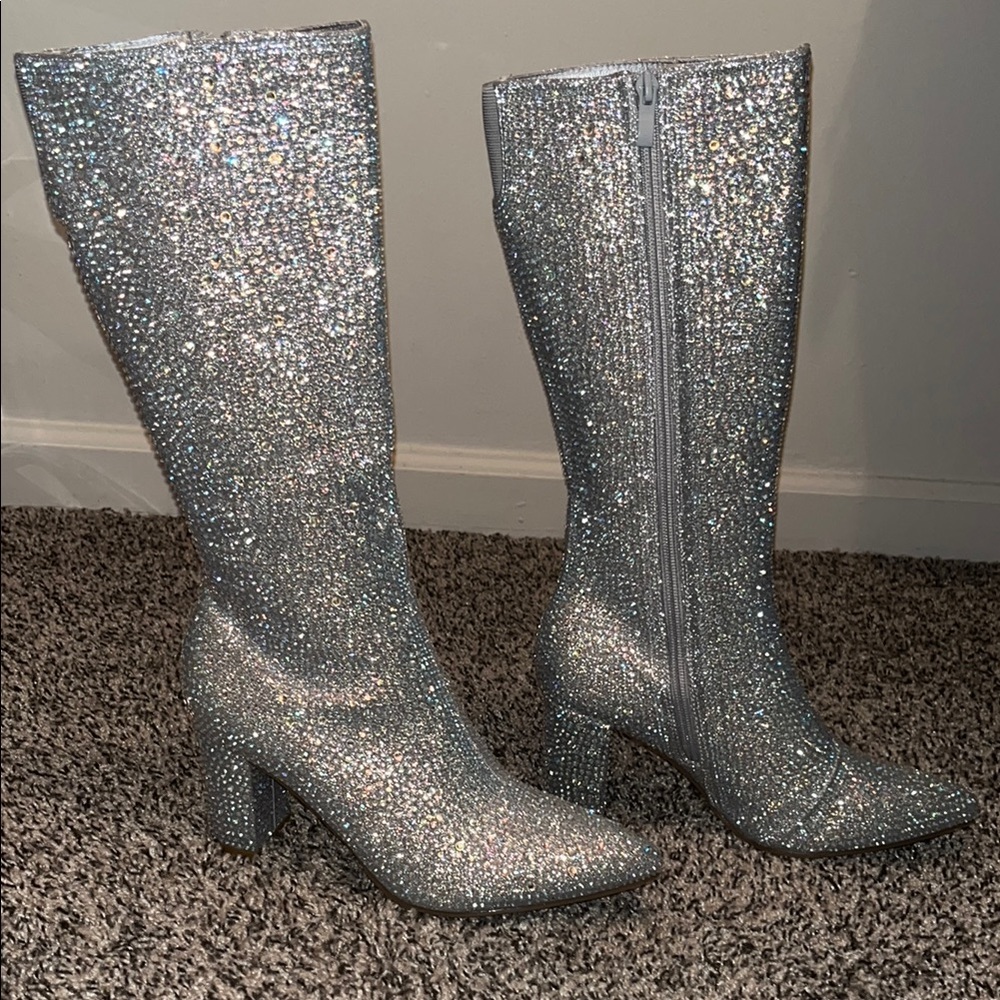 Silver Rhinestone Knee-High Boots